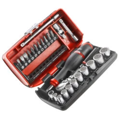 Facom 1/4" Drive Metric Pocket Socket & Bit Set With Pear Head Ratchet